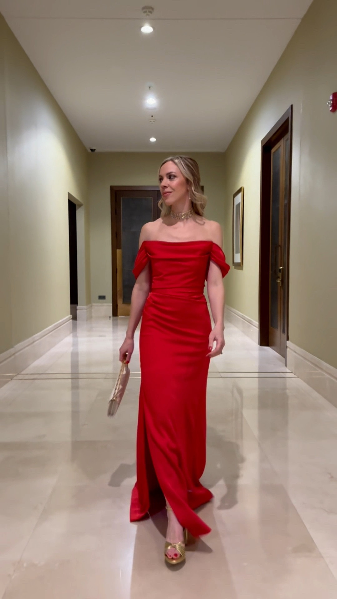 Off the shoulder red formal gown, holiday party dress, winter wedding guest dress, gold sandals, evening wear, formal wear, YSL clutch 

#LTKWedding #LTKParties #LTKHoliday