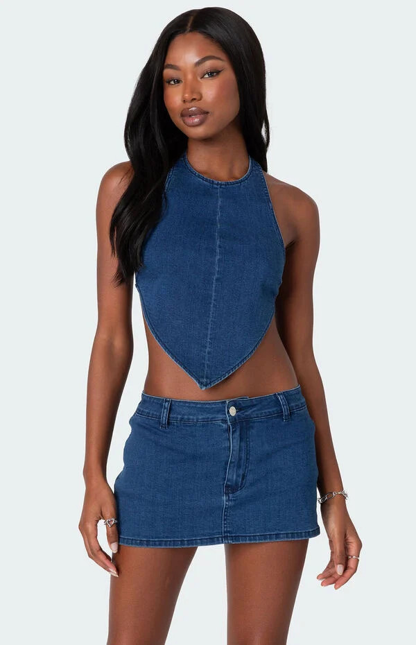 Edikted Women's Sydnie Denim Open Back Top in Dark Blue - Size Medium | PacSun