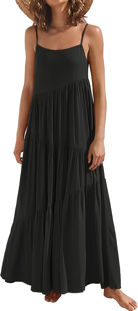 Womens Summer Dresses Loose Sleeveless Spaghetti Strap Asymmetric Tiered Maxi Dress | Amazon (US)