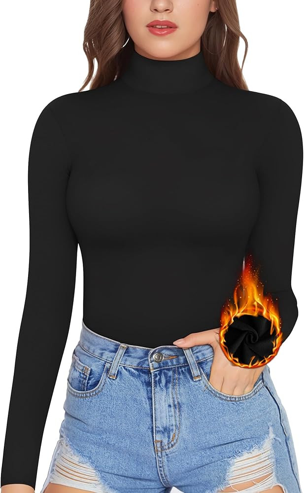 MANGOPOP Women's Mock Turtle Neck Fleece Lined Long Sleeve Thermal Underwear T Shirt Tops Tee | Amazon (US)