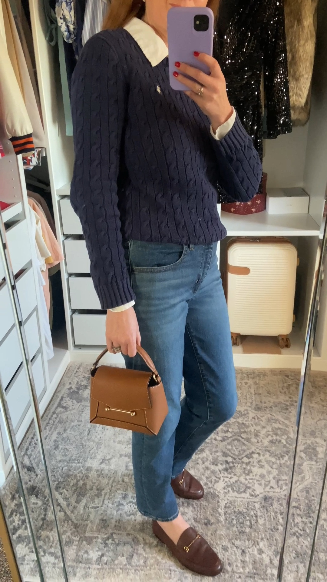 Chic casual outfit, navy sweater white Oxford shirt for layering, my favourites go to classic denim and brown loafers for running errands this Monday! ☕️💙🍂 winter outfit inspiration, Ralph Lauren cable knit jumper

#LTKuk #LTKautumn #LTKwinter
