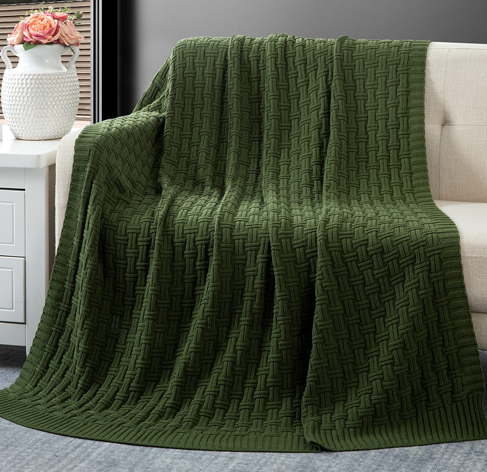 RUDONG M Forest Green Cotton Cable Knit Throw Blanket, Cozy Warm Knitted Couch Cover Blankets, 50... | Amazon (US)