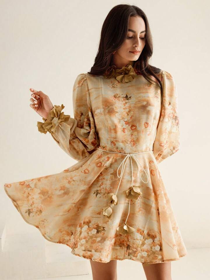 Anewsta Elegant Stood-Up Collar Puff Sleeve Floral Decor Vacation Mini Dress For Women | SHEIN