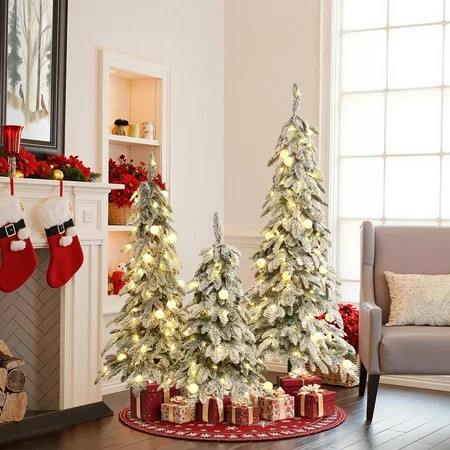 3-Piece Flocked Artificial Tree Set with Lights and Metal Stand | Walmart (US)