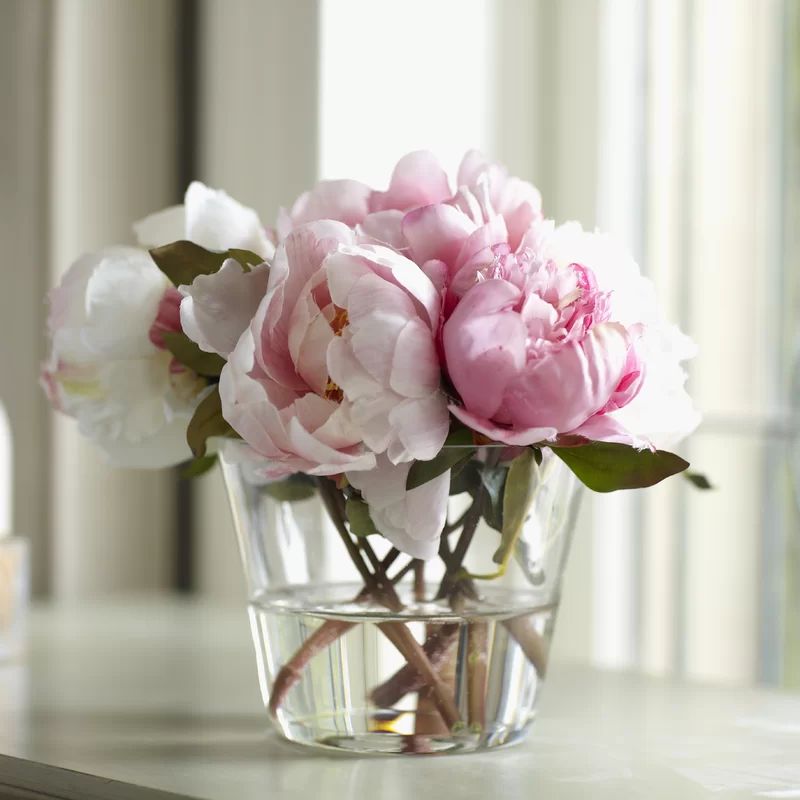Faux Peony Floral Arrangement in Vase | Wayfair North America