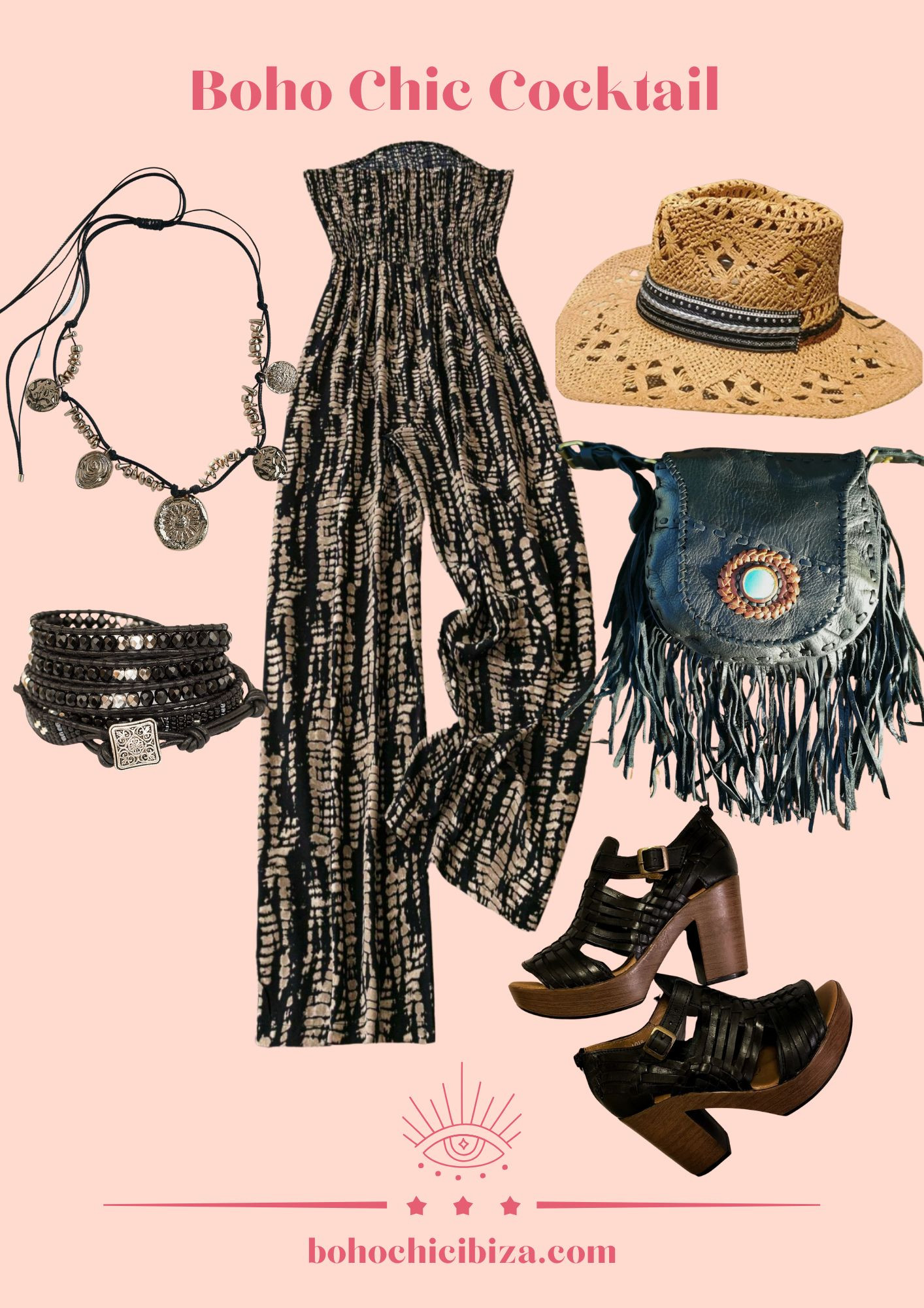 Boho Chic Cocktail Outfit
- Boho Leather Bag
- Printed Fashion Jumpsuit
- Huarache Sandals
- Leather Wrap Bracelet
- Boho Chic Necklace
- Straw Sun Hat 

 #LTKspring #LTKsale #LTKstyletip
