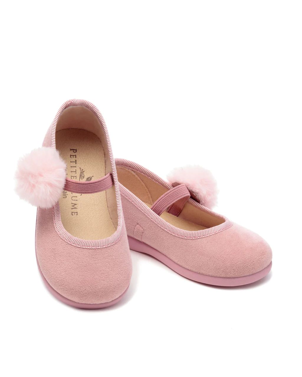 The Delphine Slipper in Antique Rose Suede with a Festive Pom | Petite Plume