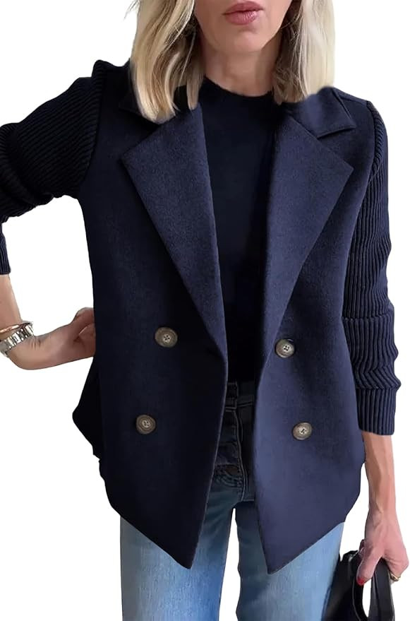 ebossy Women's Double Breasted Wool Pea Coat Notched Lapel Ribbed Knit Long Sleeve Sweater Short ... | Amazon (US)