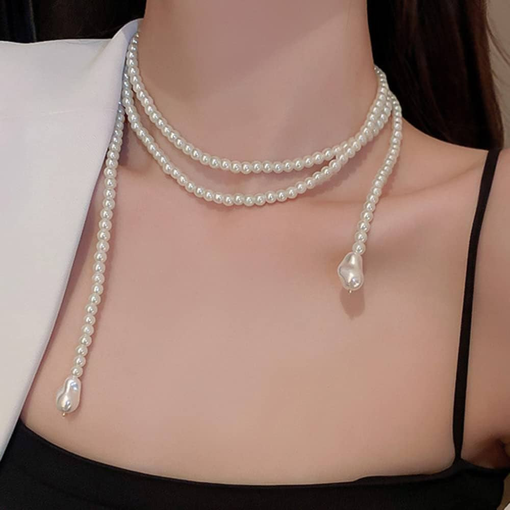 fxmimior Boho Long Shiny Pearl Choker Necklaces Dainty Statement Pearls Choker Necklace Simple Ch... | Amazon (US)
