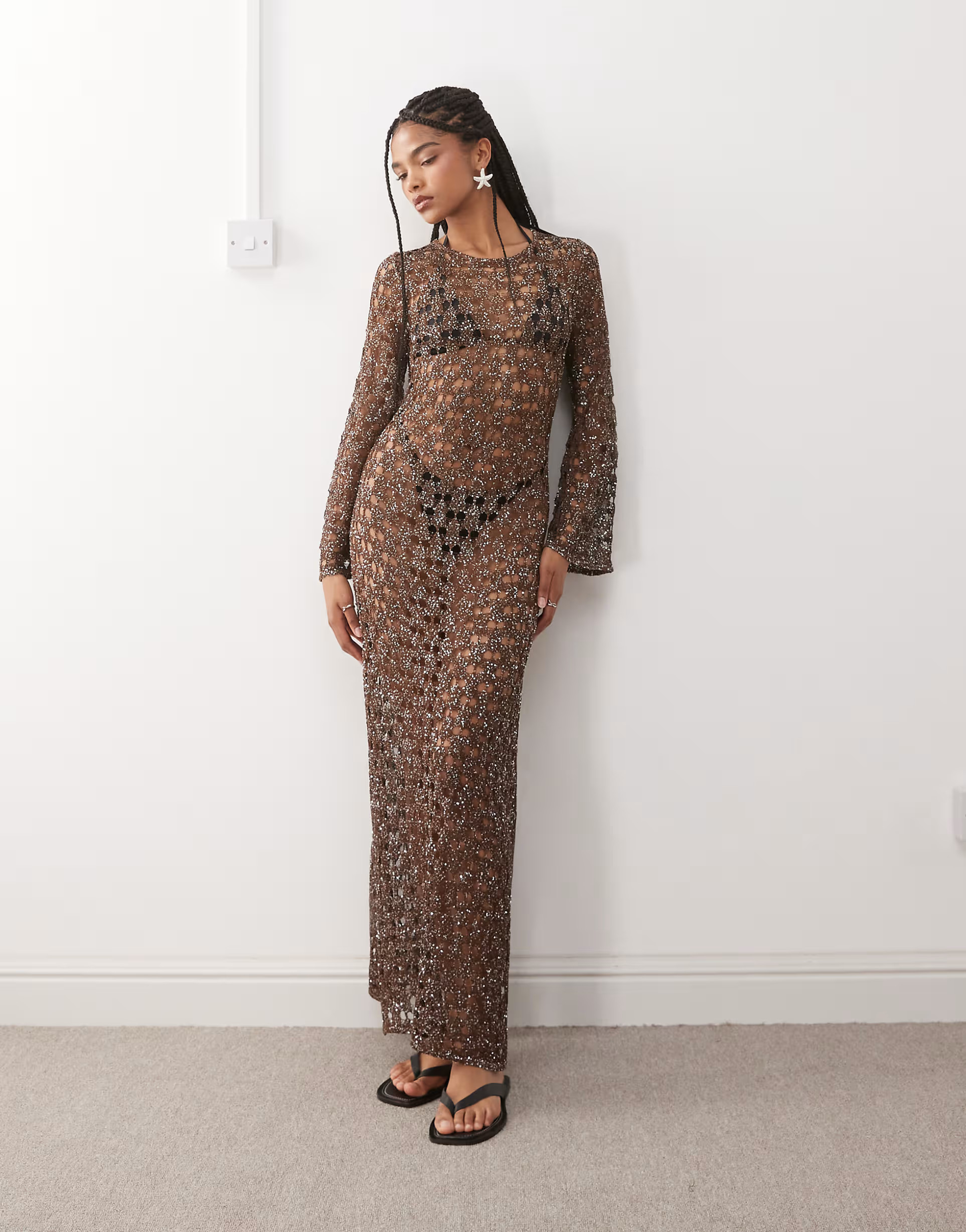 Miss Selfridge premium sequin beach dress in chocolate | ASOS (Global)