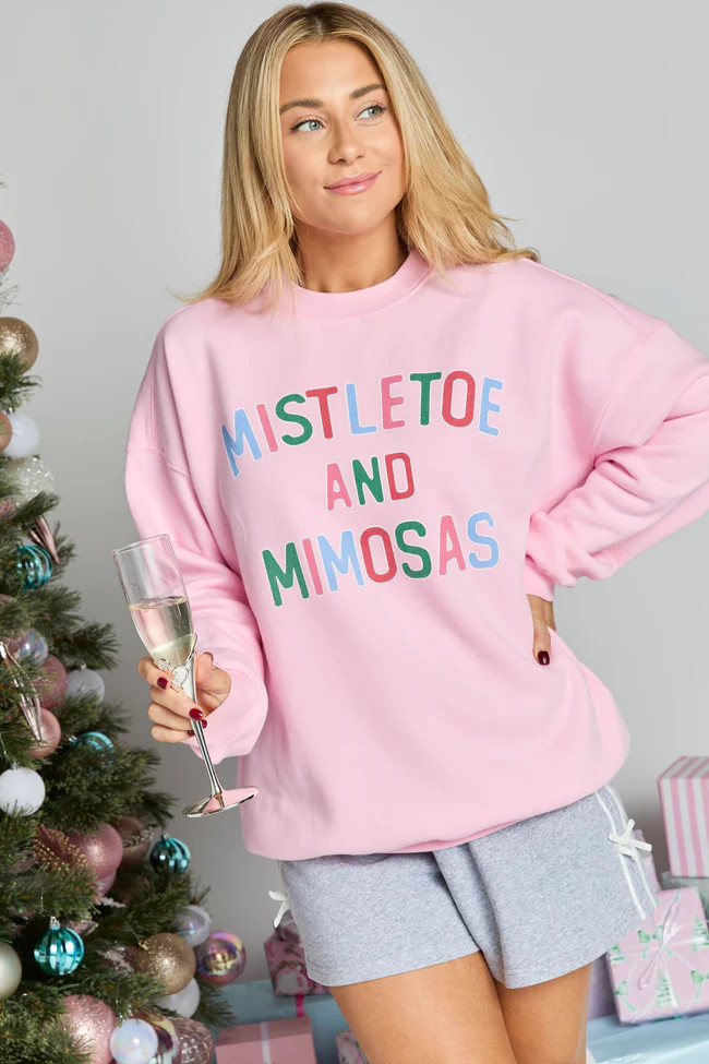 Mistletoe and Mimosas Light Pink Graphic Sweatshirt | Pink Lily