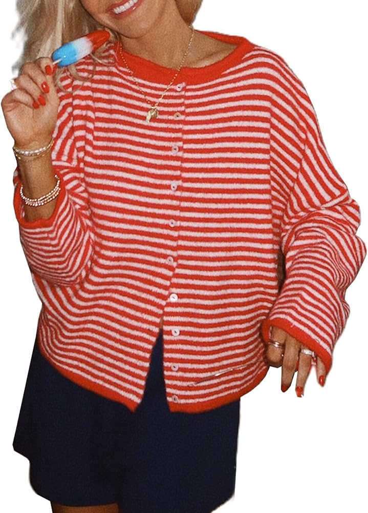 Muineobuka Womens Striped Cardigan Sweater Casual Crew Neck Open Front Button Down Long Sleeve Kn... | Amazon (US)