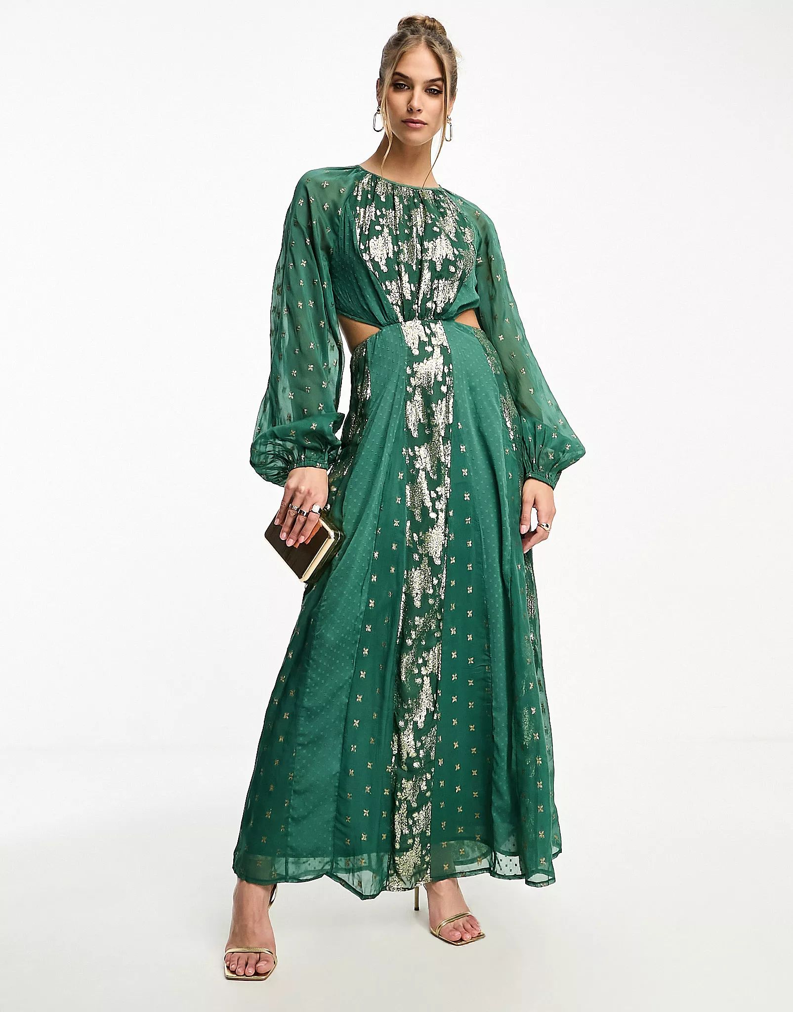 ASOS DESIGN metallic jacquard midi dress with elasticated back in pine green | ASOS (Global)