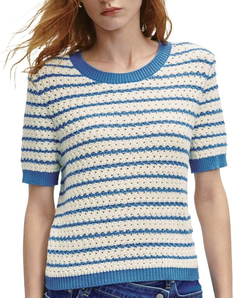 Striped Knit Short Sleeve Sweater for Women Casual Crew Neck Pullover Summer Shirts Trendy Soft W... | Amazon (US)
