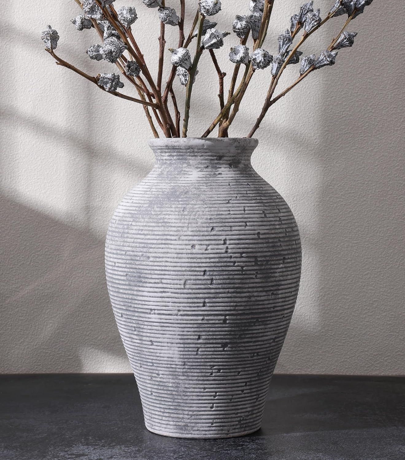 Ceramic Flower Vase Home Decor, 9 in Farmhouse Table Vases Rustic Vintage Living Room Kitchen Bedroom Pottery Decorative Vases for Flowers House Book Shelf Office Coffee Desk Dining Entryway, Grey | Amazon (US)