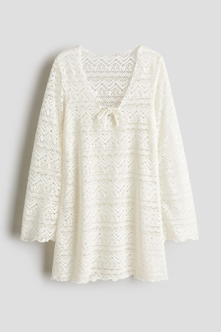 Crochet-look Beach Dress - Low-cut Neckline - Long sleeve - White - Kids | H&M US | H&M (US + CA)