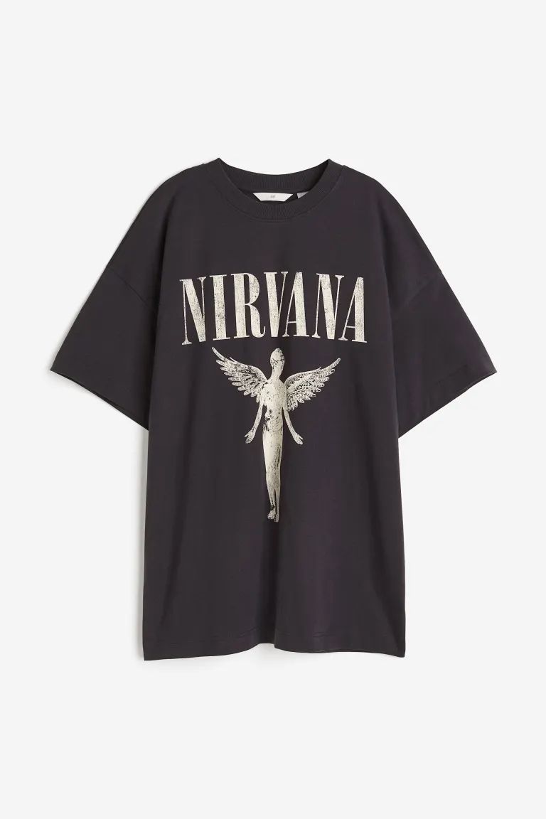Long Printed T-shirt - Dark gray/Nirvana - Ladies | H&M US | H&M (US + CA)