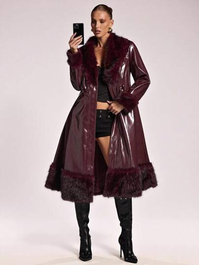 SHEIN BAE Women's Winter Fluffy Collar Drop Shoulder Long Sleeve PU Leather Casual Jacket Winter Burgundy Vintage Coat Fall Women Clothes Halloween Customs Women Cat Woman Costume Coat Red Leather Jacket Fur Integrated Warm Comfortable And Soft, Suitable For Various Occasions When Going Out Commuting Or Partying, Women Outerwear,Burgundy Leather Coat | SHEIN