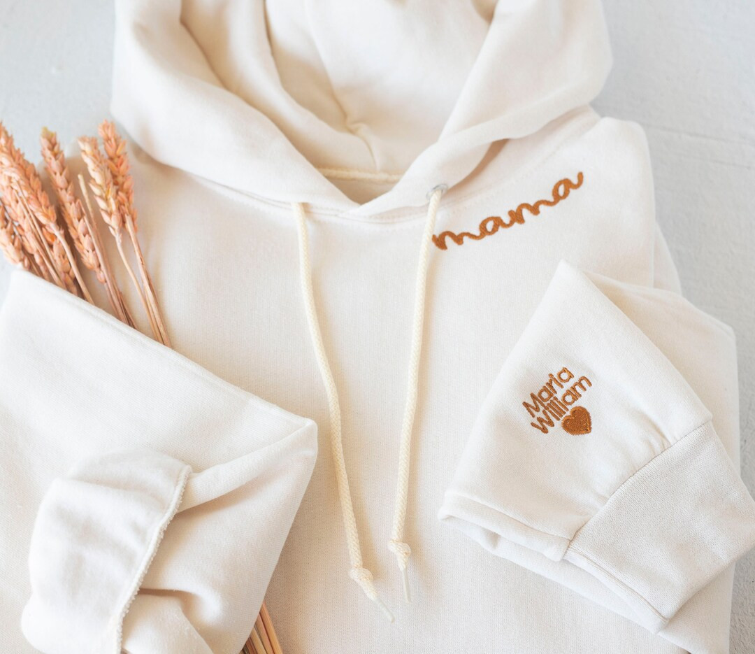Custom Collar and Sleeve Embroidered Hoodie, Embroidered Mom mama Grandmother Hoodie with Kids Na... | Etsy (US)