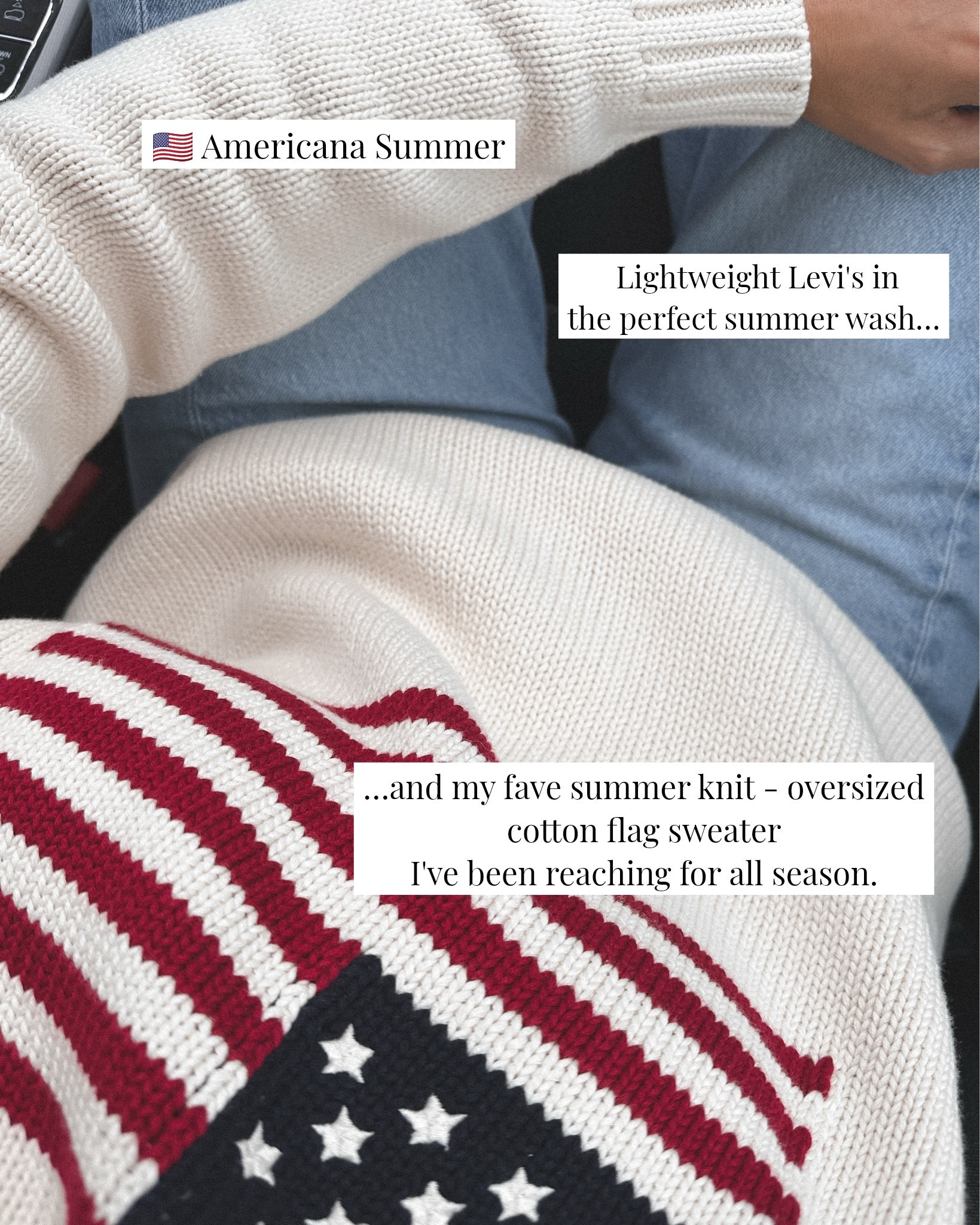 Americana Summer Look:
- sweater /old-sh - linked some alternatives on a few different price points
- denim - I sized down with this model.