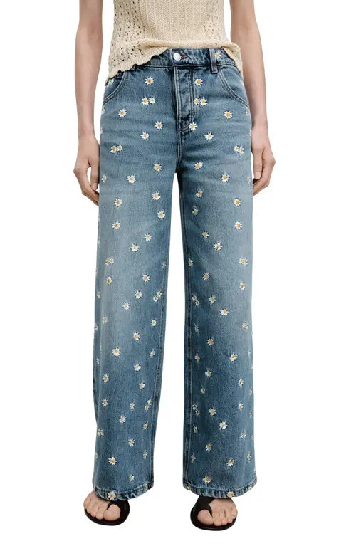 MANGO Massy Daisy Embroidered Wide Leg Jeans in Medium Blue at Nordstrom, Size 4 | Nordstrom