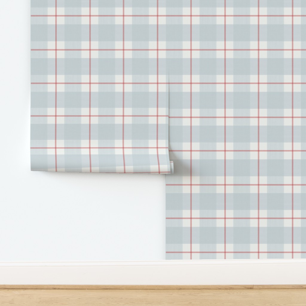 Custom Sakina Real Red and Soft Sky Plaid on Cream Strie Wallpaper | Spoonflower | Spoonflower