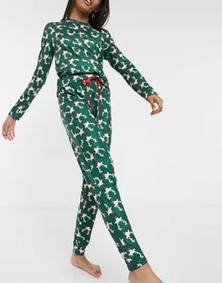 Loungeable printed rudolf long pajama set in green | ASOS (Global)