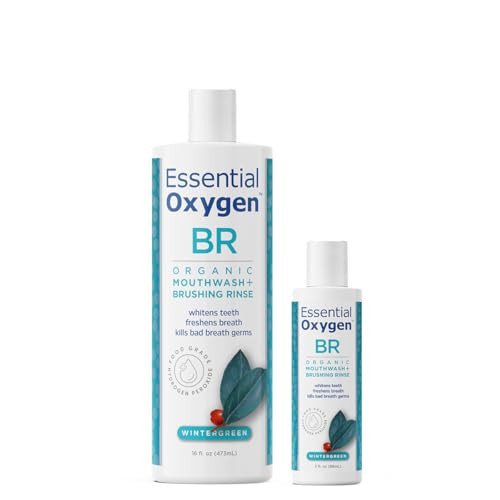Essential Oxygen BR Certified Organic Brushing Rinse, All Natural Mouthwash for Whiter Teeth, Fresher Breath, and Happier Gums, Alcohol-Free Oral Care, Wintergreen, 2 Piece Set, 16 Oz | Amazon (US)