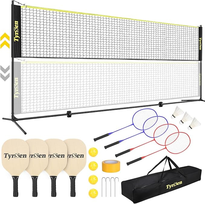 Portable Pickleball Badminton Net Set, TYRSEN 17FT Adjustable Heights All-in-One Net w/4 Pickleba... | Amazon (US)