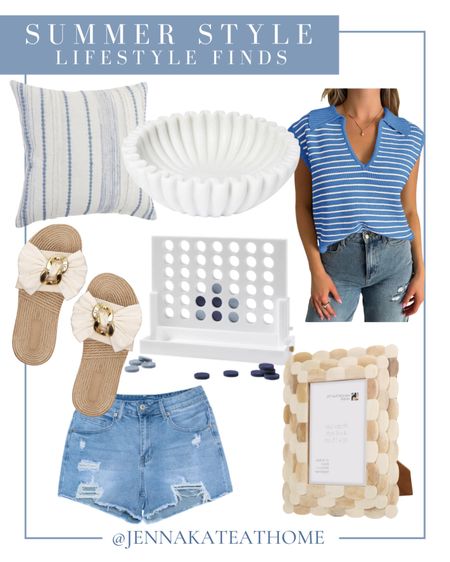 This summer, it’s all about the coastal lifestyle grab these summer style finds including blue and white striped shirt, jean shorts, sandals with bows, blue and white decorative throw pillows, marble decorative bowl, scalloped picture frame, and Serena and Lily connect four game. Coastal style home decor.

#LTKFamily #LTKHome #LTKSeasonal