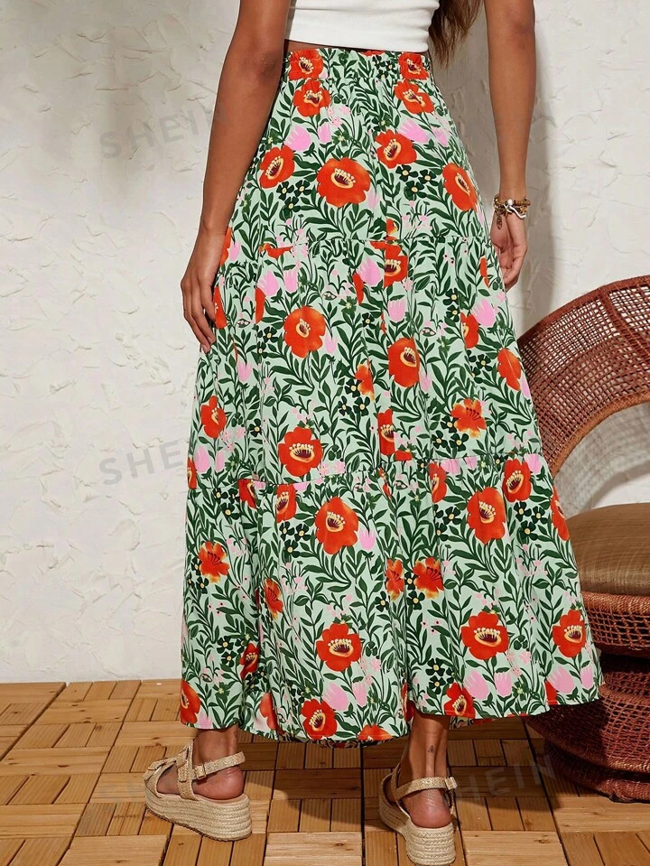 SHEIN VCAY High Waist Floral Patterned Skirt For Vacation | SHEIN