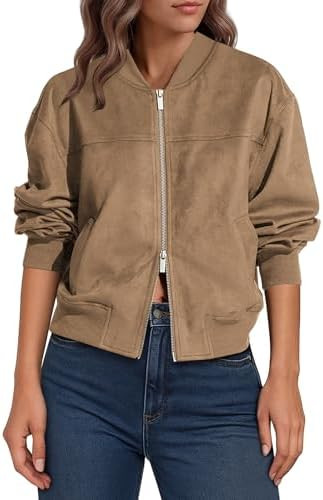 Lazysmile Women's Faux Suede Bomber Jackets Fall Fashion Outfits Winter Clothes Stand Collar Zip ... | Amazon (US)