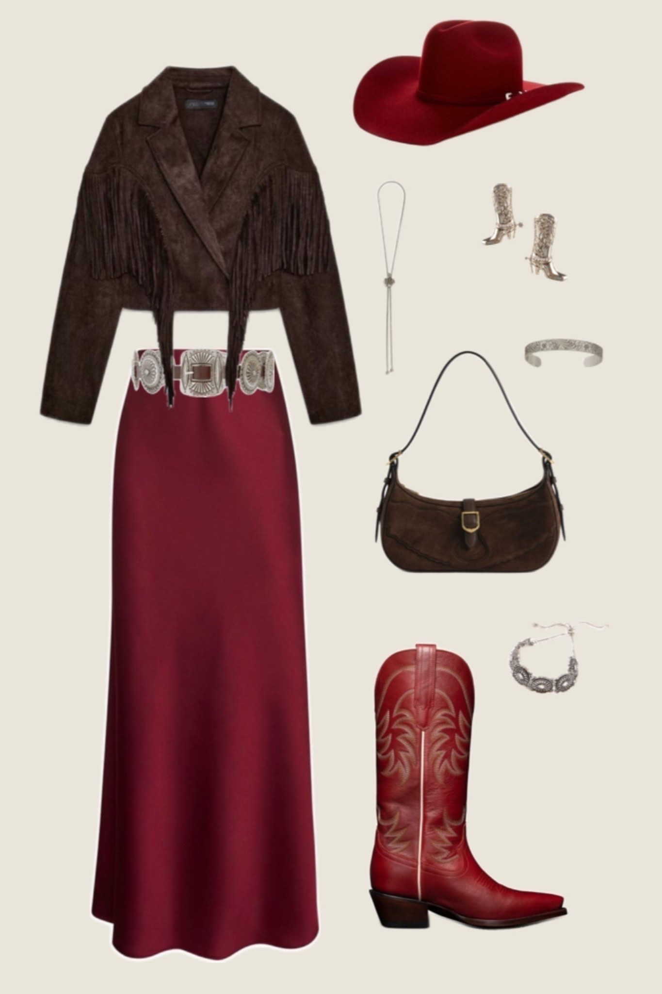 Red Cowboy boot outfit, red satin midi skirt, brown fringe jacket, western style, rodeo outfit, cowboy boot, cowgirl style, western belt, elevated outfit, chic style 