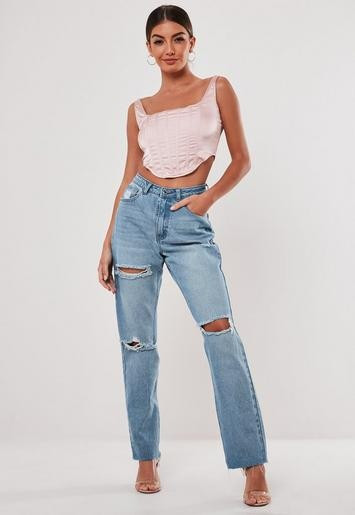 Stassie x Missguided Light Blue Wrath Highwaisted Slash Straight Leg Jeans | Missguided (US & CA)