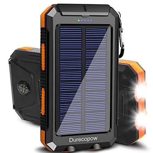 Solar Charger Power Bank, 20000mAh Portable Outdoor Waterproof Solar Battery Charger, Camping External Backup Battery Pack USB C Ports Input/Output, 2 Led Light Flashlight with Compass (Orange) | Amazon (US)
