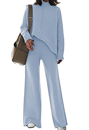 Linsery Women's 2 Pieces Sweater Set High Neck Rib Knitted Tops Wide Leg Pant Set Loungewear Light Blue Small | Amazon (US)