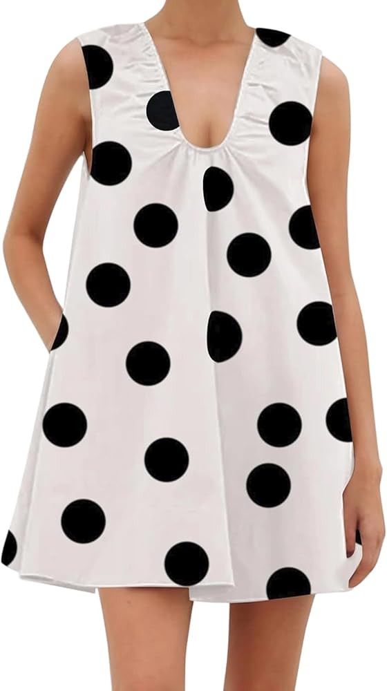 Nlacehan Women\u2019s Polka Dot Mini Shift Dress Sleeveless with Pocket Scoop Neck Cute Summer Casual Going Out Flowy Outfit Style (White, S) at Amazon Women\u2019s Clothing store | Amazon (US)