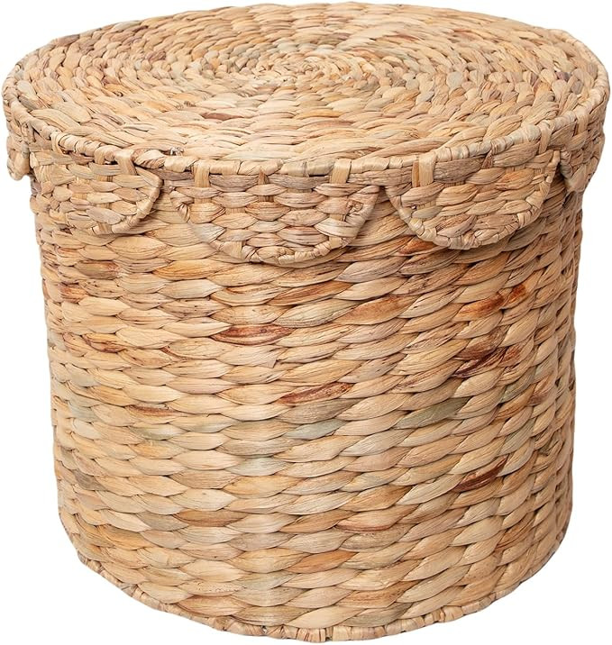 Vintage Woven Storage Basket with Scalloped Lid - Handwoven Water Hyacinth Laundry Hamper for Clo... | Amazon (US)