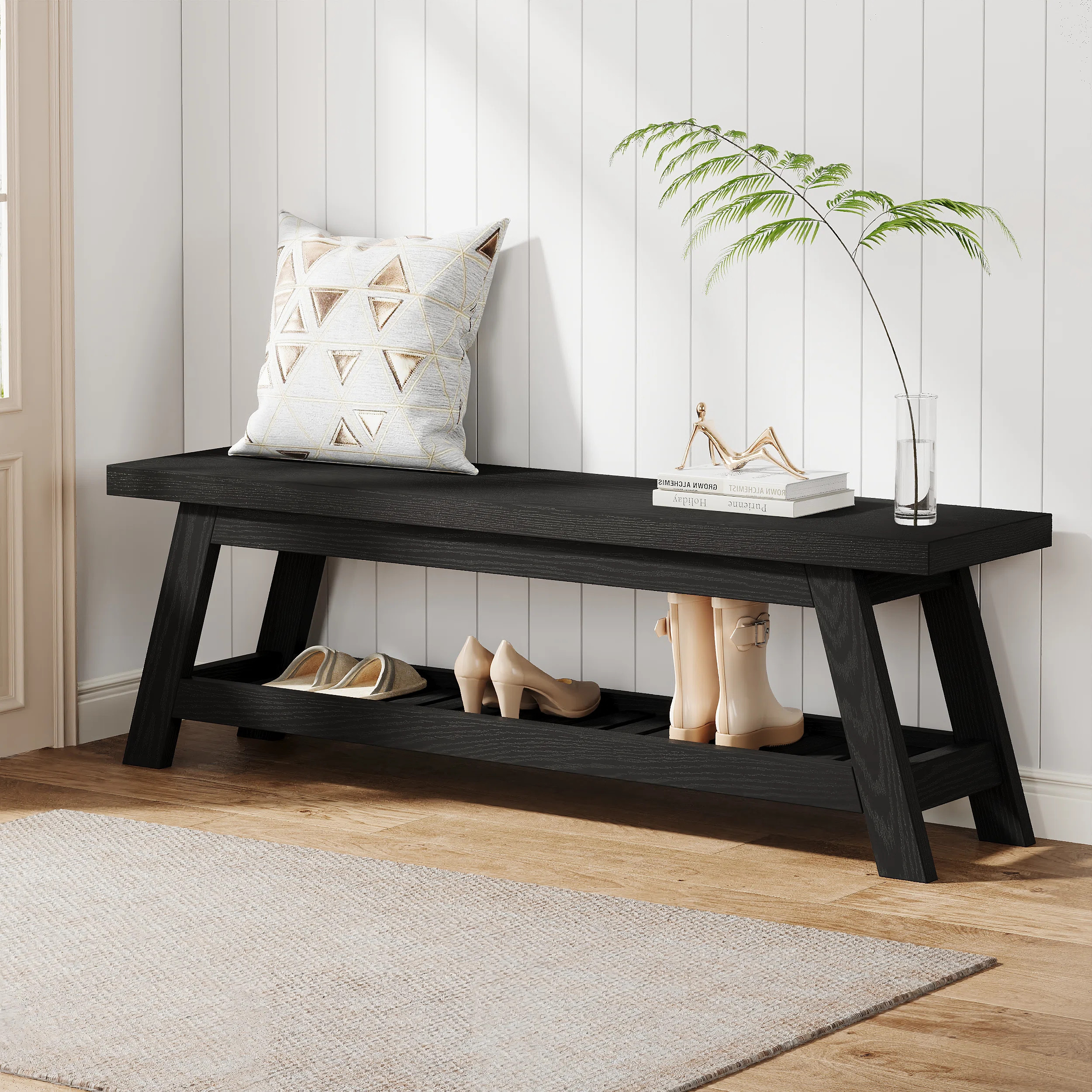 55" Wood Entryway Bench With Shoe Storage, Large 2-tier Narrow Hallway Foyer Seating Bench With O... | Wayfair North America