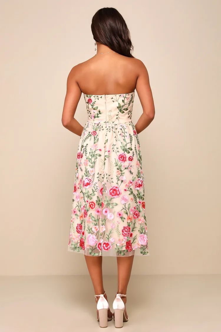 Endless Praise Beige Floral Embroidered Strapless Midi Dress | Lulus