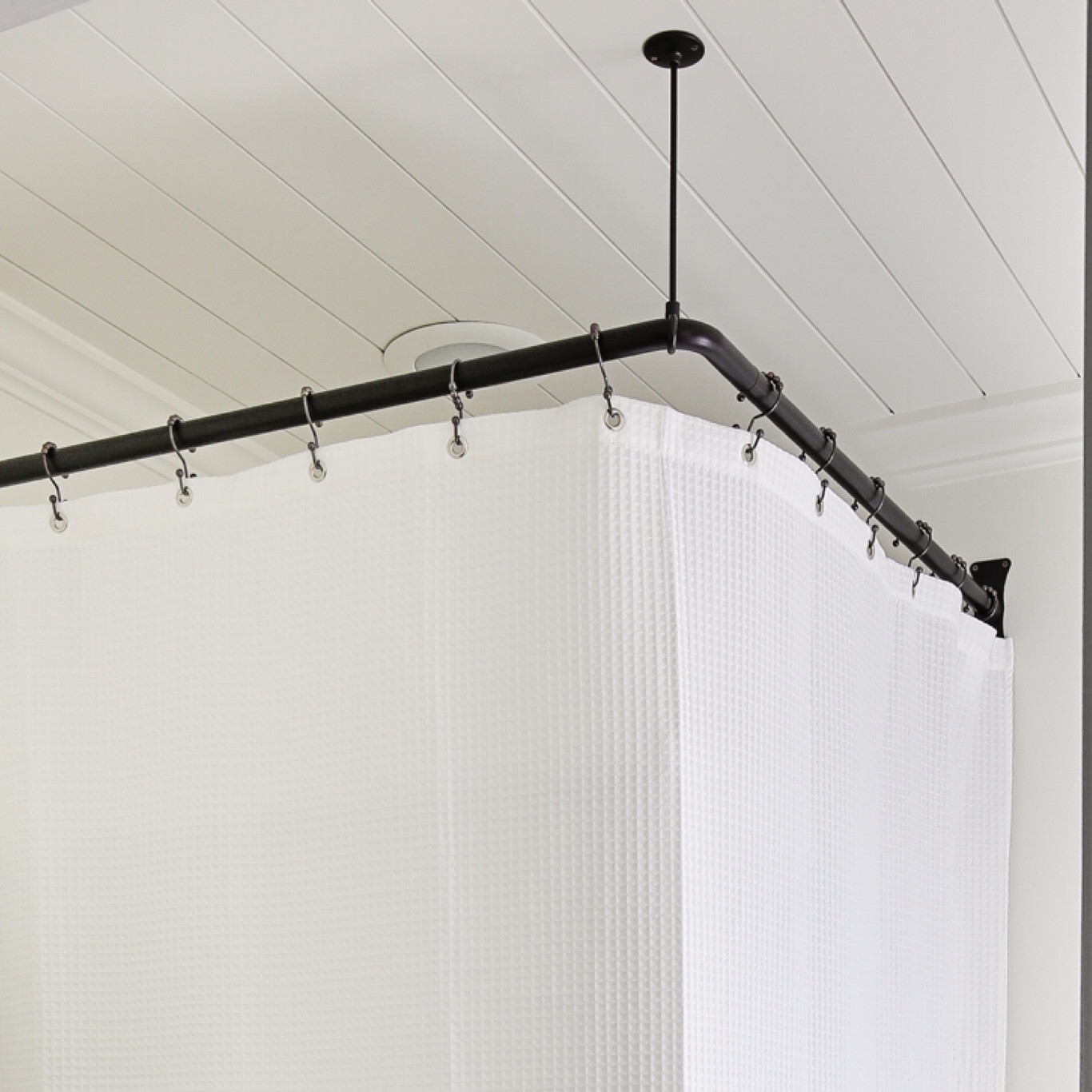 Corner shower rod to hide my outdated shower surround!

White waffle weave shower curtain 72x84 amazon 

Rust resistant metal double shower hooks amazon 

Corner shower curtain rod 36x36 black finish amazon 

#LTKhome