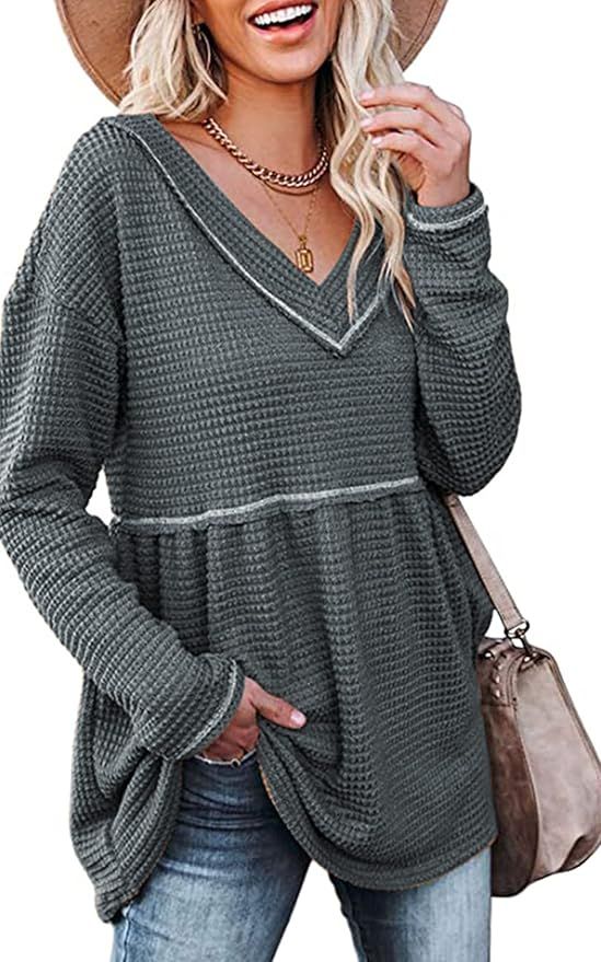 BTFBM Women Waffle Knit Shirts Long Sleeve V Neck Relaxed Fit Blouses Casual Peplum Tunic Babydol... | Amazon (US)