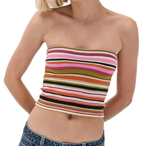 Women Y2k Striped Tube Top Strapless Slim Fit Bandeau Crop Top Summer Sleeveless Backless Off Shoulder Cami Top(Tube pink,Large) | Amazon (US)