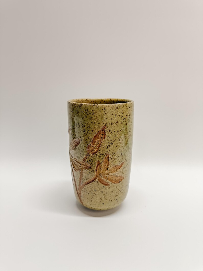 Handmade Carved Floral Ceramic Cup: Speckled Clay Green Glazed Pottery Tumbler, 12 Oz - Etsy | Etsy (US)
