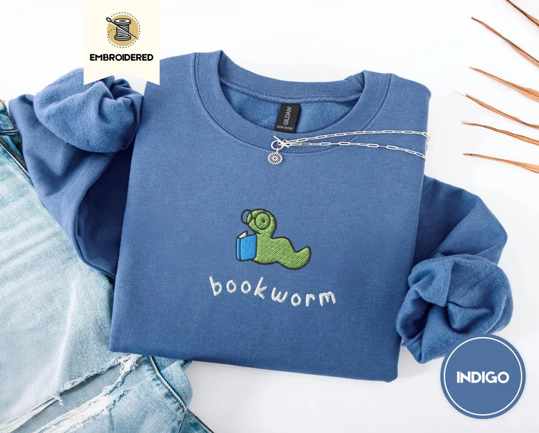 Embroidered Bookworm Crewneck, Cozy Reading Sweatshirt, Autumn Bookish Gifts, Gildan 18000 | Etsy (Global)