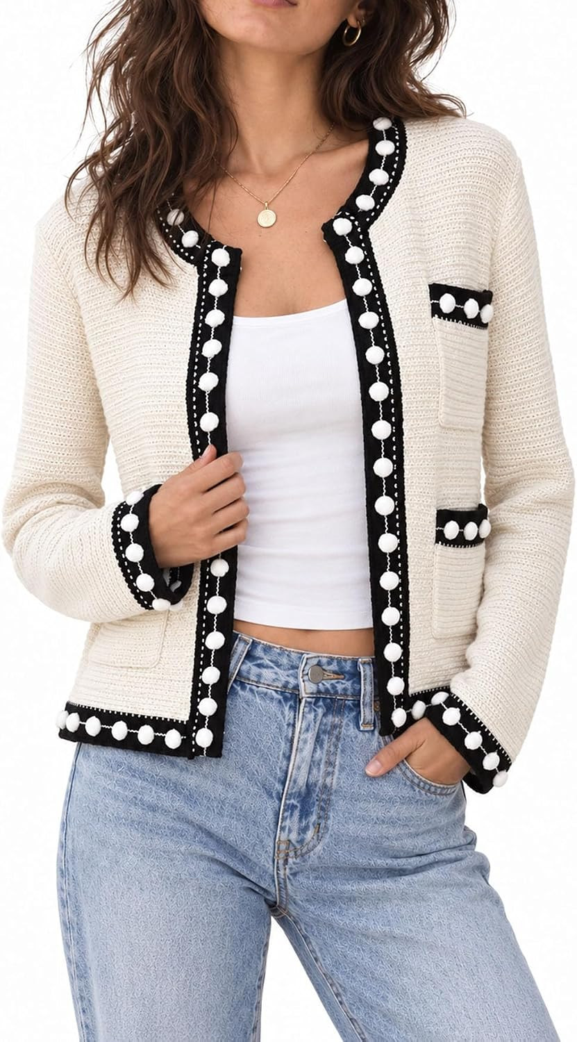 Women's Color Block Cardigan Open Front Jackie O Sweater Casual Long Sleeve Button Down Chunky Knit Outerwear Coats | Amazon (US)