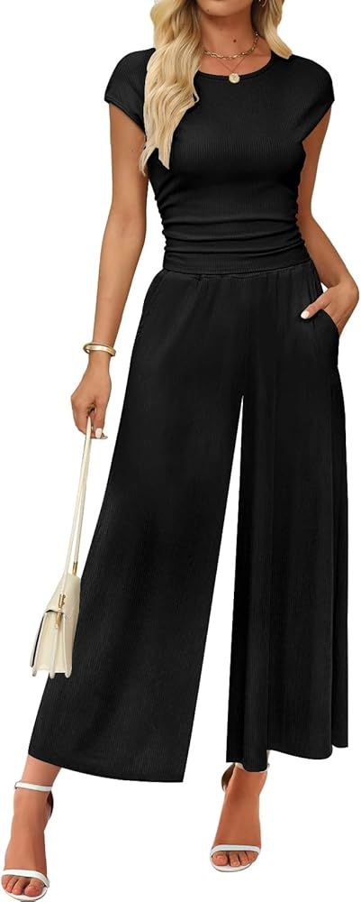 SAUKOLE Womens 2 Piece Outfits Trendy Slim Short Sleeve T Shirts And High Waist Wide Leg Pants Tr... | Amazon (US)