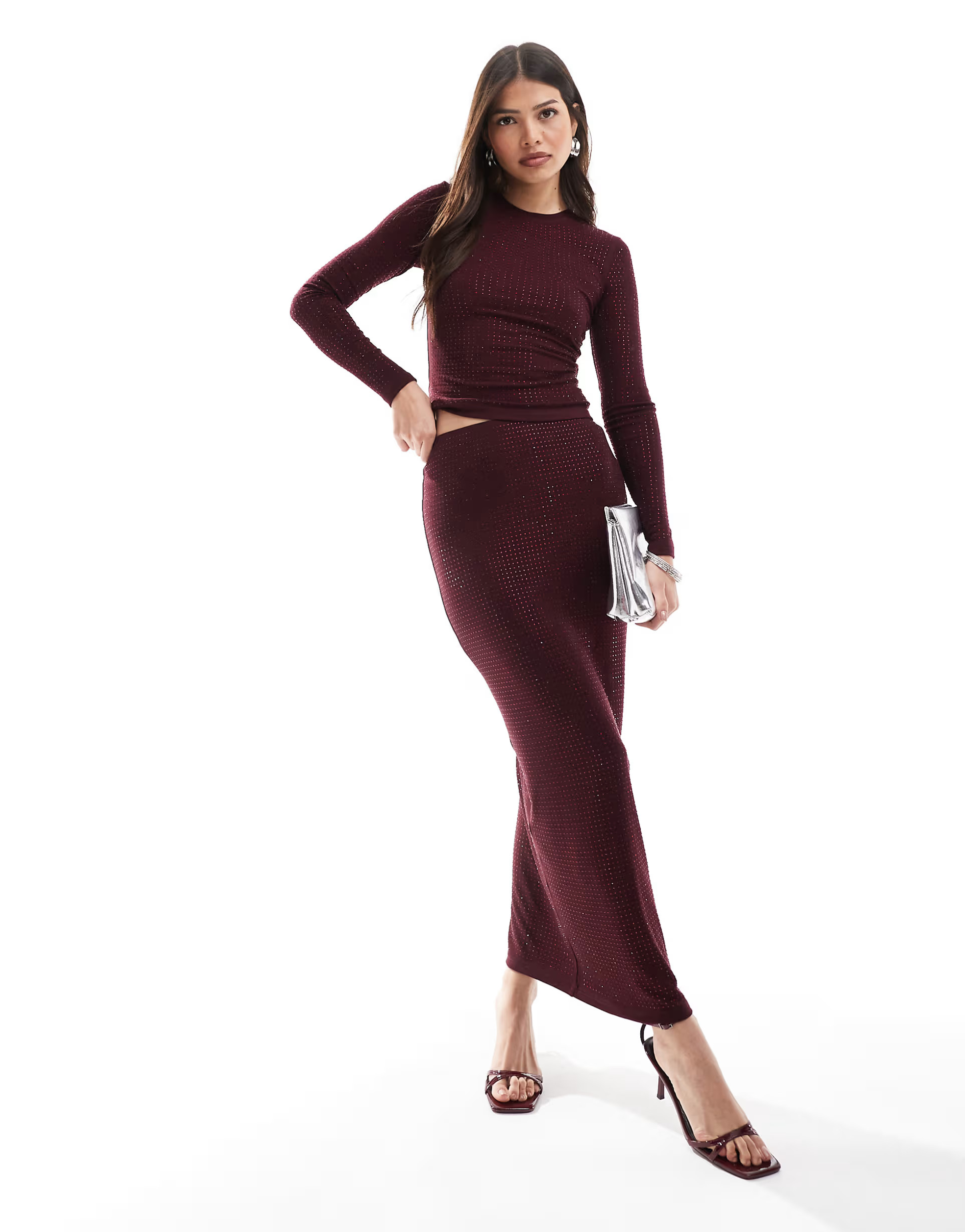 4th & Reckless all over hotfix maxi skirt co-ord in burgundy | ASOS | ASOS (Global)