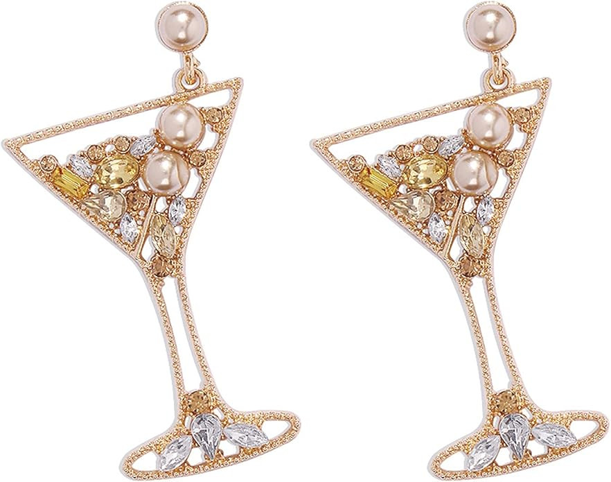 Handmade Champagne Martini Wine Glass Dangle Earrings Shiny Rhinestones Crystal Pearl Beaded Drop... | Amazon (US)
