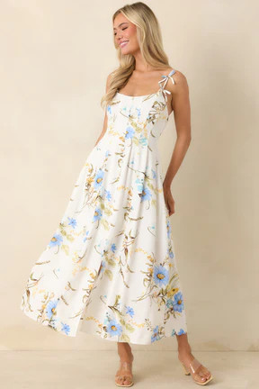 A Dash of Sunshine White Multi Floral Print Bow Accent Strap Midi Dress | Red Dress